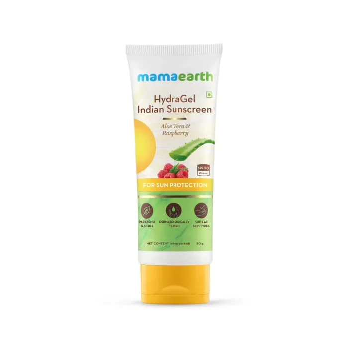 mamaearth main pic Mamaearth HydraGel Indian Sunscreen SPF 50, with Aloe Vera & Raspberry, for Sun Protection - Image 1
